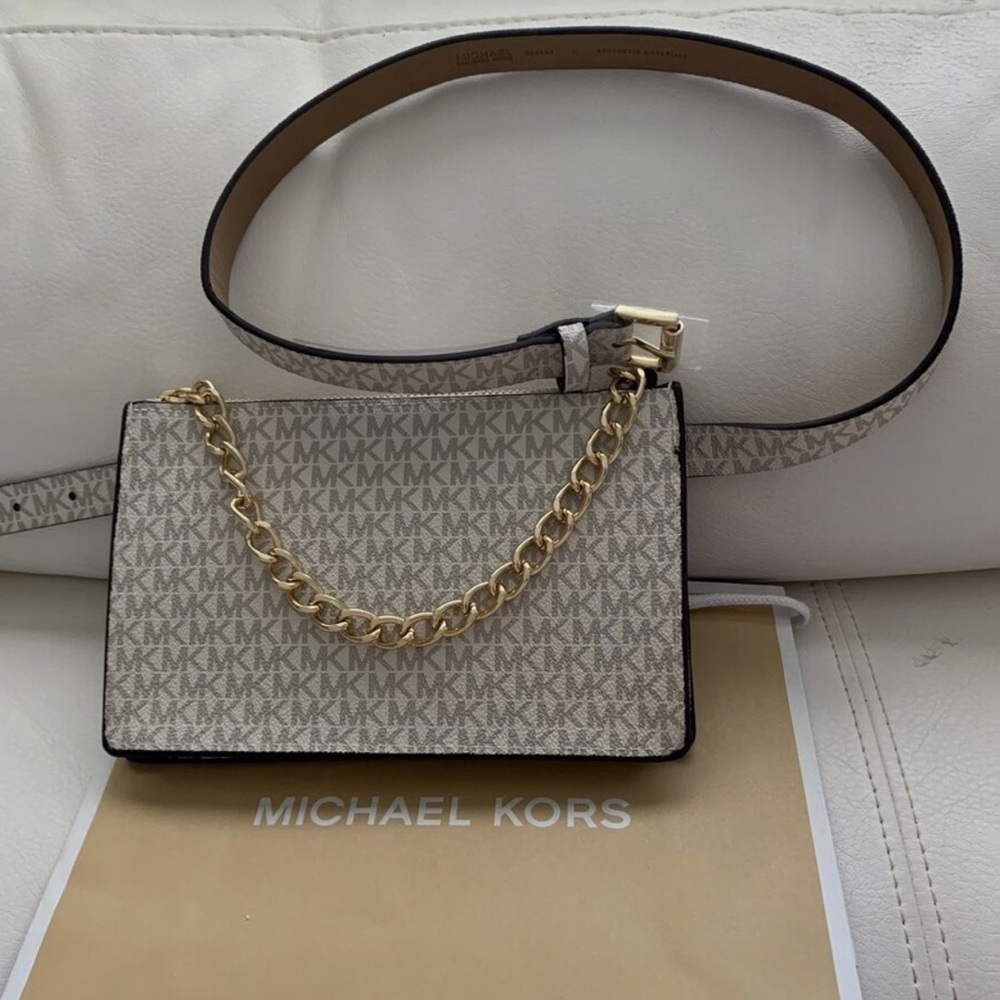 Michael Kors MK Belt Bag Logo Pull Chain - White Beige - Size L